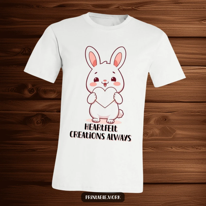 Funny Kawaii rabbit character excitedly cutting a heart shape, wearing a t-shirt that radiates warmth and humor.