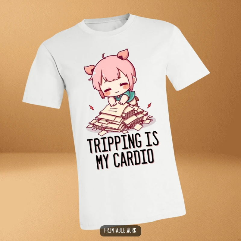 Funny Kawaii character comically tripping over a tiny pile of papers on a t-shirt, cute and humorous.