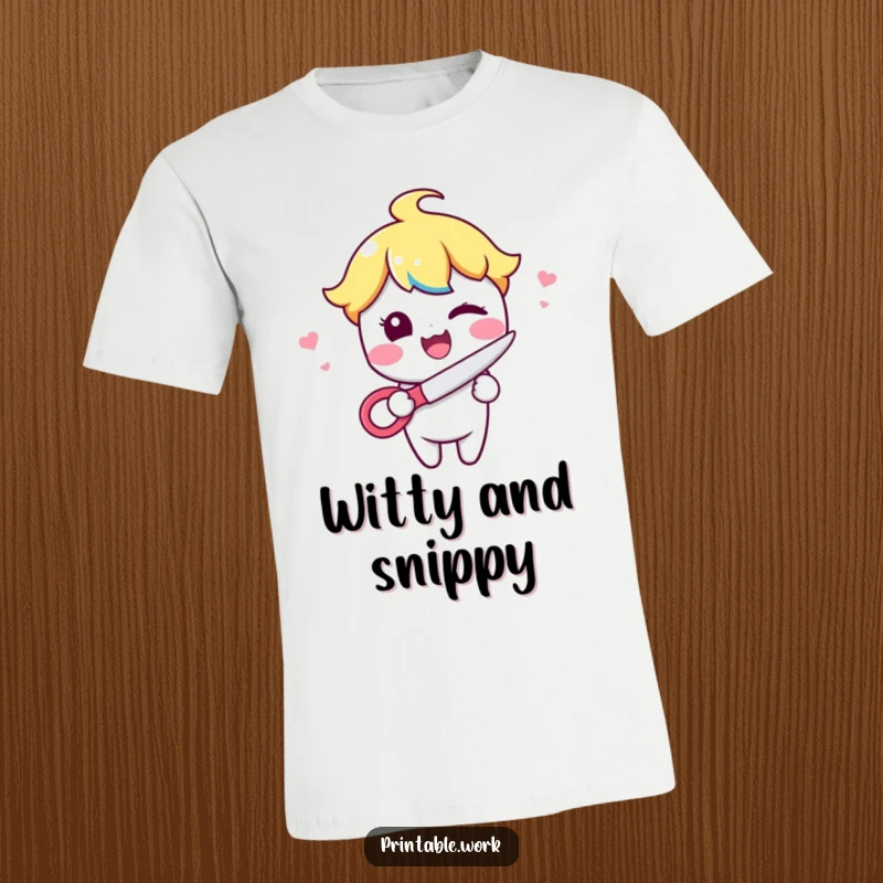 Funny Kawaii character giving a playful wink while holding open a pair of scissors on a humorous and stylish t-shirt.