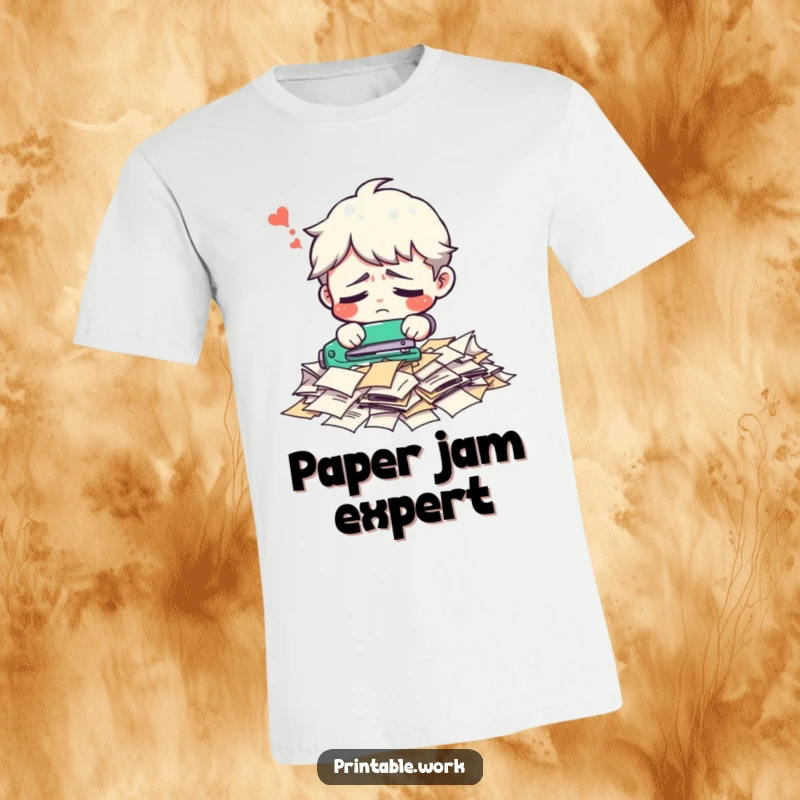 Funny office character t-shirt, confused trying to staple a pile of loose papers, office humor, relatable, great gift.