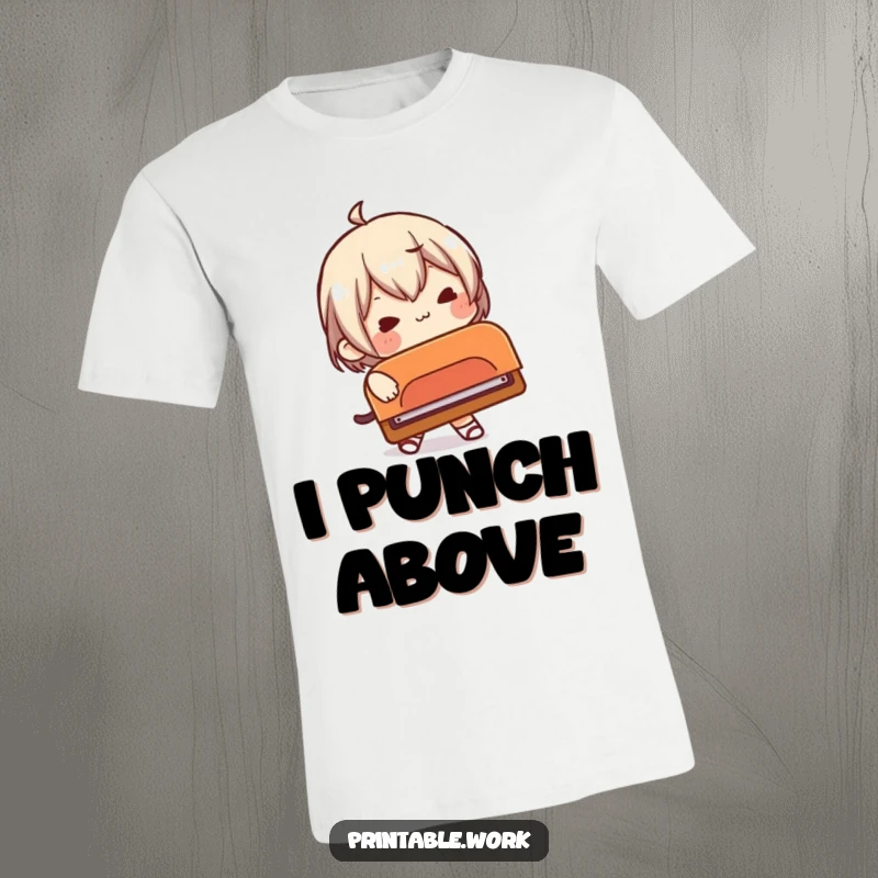 Funny t-shirt of a character comically attempting to operate an oversized, ridiculously large hole punch.