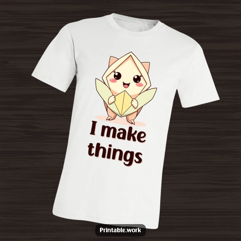 Funny t-shirt of a character happily presenting a folded origami shape, showcasing artistic skill and humor.