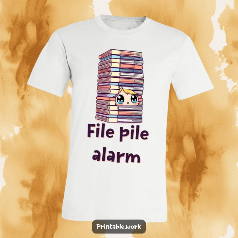 Funny character t-shirt, surprised looking at a towering stack of files with wide eyes, overwhelmed, office humor, great gift.