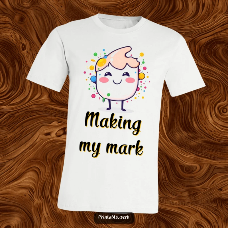 Funny t-shirt showing a smiling paint brush splashing colorful dots, celebrating art and creativity, a fantastic funny gift.