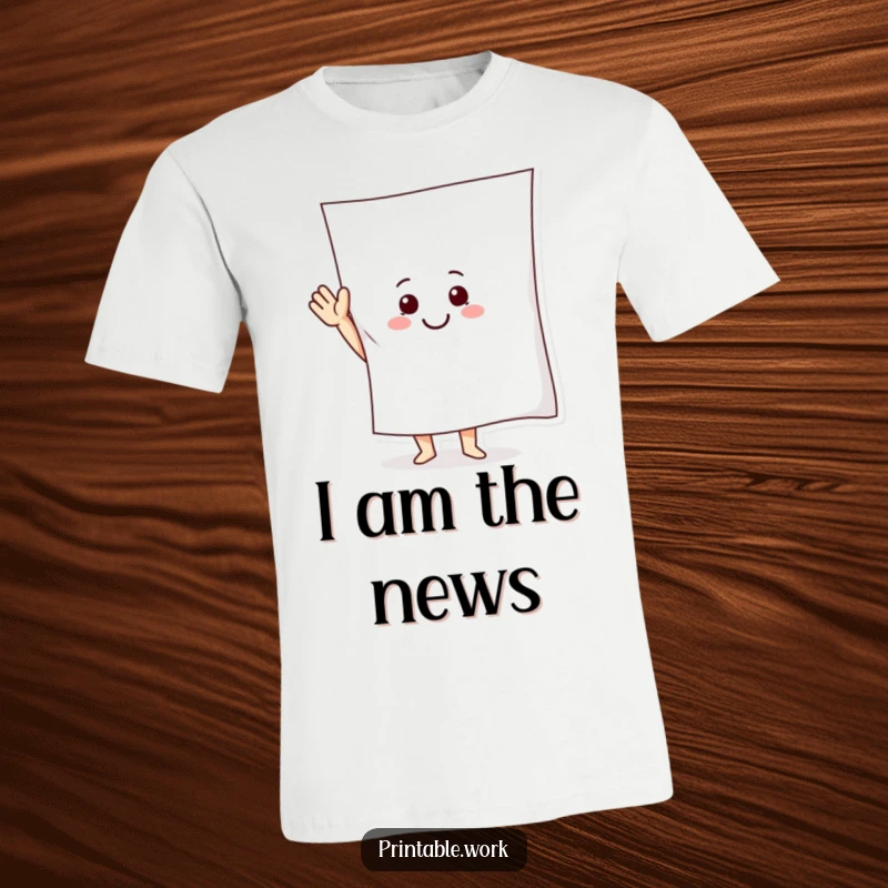Funny T-Shirt depicting a joyful paper character waving an enormous sheet, radiating friendliness and humor.