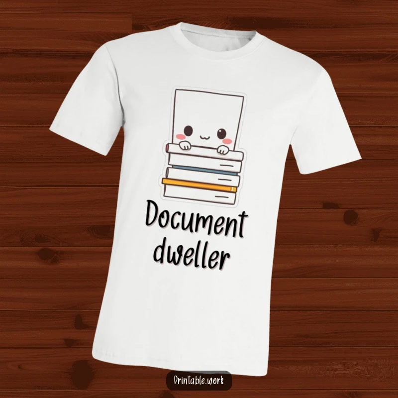 Funny t-shirt: Paper character shyly peeking from behind a tall stack of office documents, introverted humor.