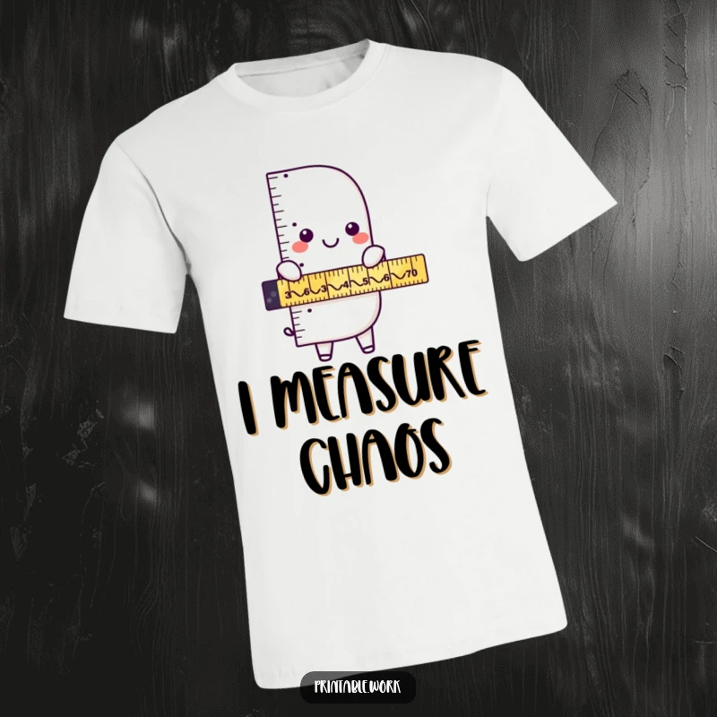 Funny ruler character enthusiastically measuring humorous zigzags on a comfortable t-shirt, perfect for math lovers with a playful side.