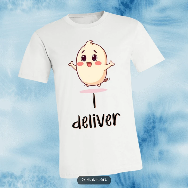 Funny t-shirt featuring a stamp character mid-bounce with a joyful 'thud', expressing surprise and happy energy.