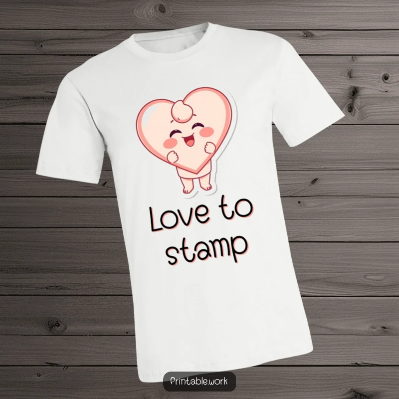 Funny Stamping Heart T-Shirt: A character excitedly stamping a large, giggling heart shape, radiating happiness.