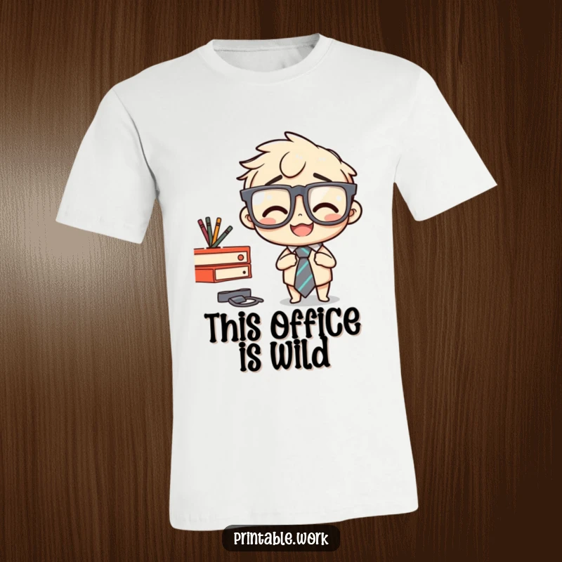 Funny t-shirt with a smiling character wearing glasses, accidentally stapling tie to desk, a humorous office mishap design.
