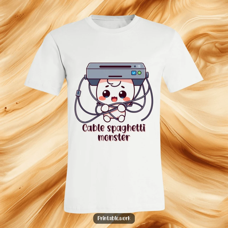 Funny Tech Trouble T-Shirt with a surprised Kawaii character comically entangled in a web of printer cables, a humorous tech statement.