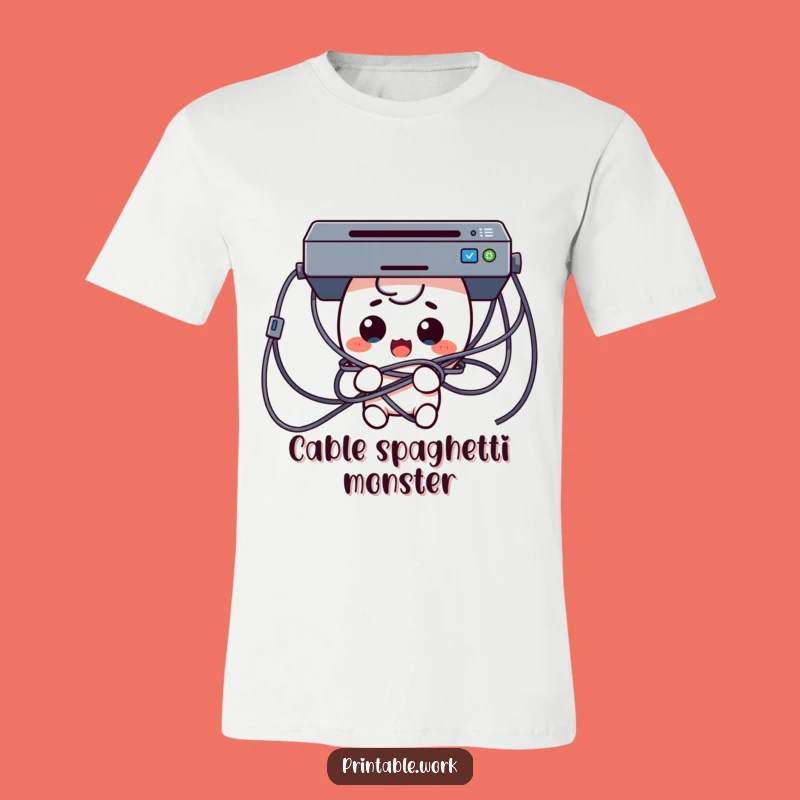 Funny Tech Trouble T-Shirt: Surprised Kawaii Character in Cables Gift