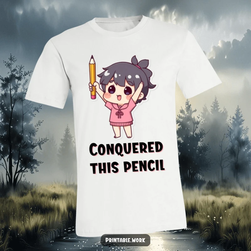 Funny t-shirt with a character triumphantly holding a single, worn pencil, signifying resourcefulness and minimalist achievement.