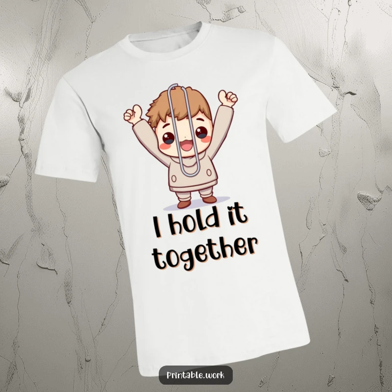 Funny t-shirt featuring a character victoriously holding an enormous paperclip, celebrating minor office success.