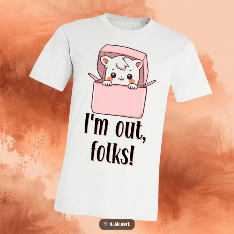 Funny T-Shirt: A happy Kawaii character pops its head out of a colorful box, embodying curiosity and playful excitement.