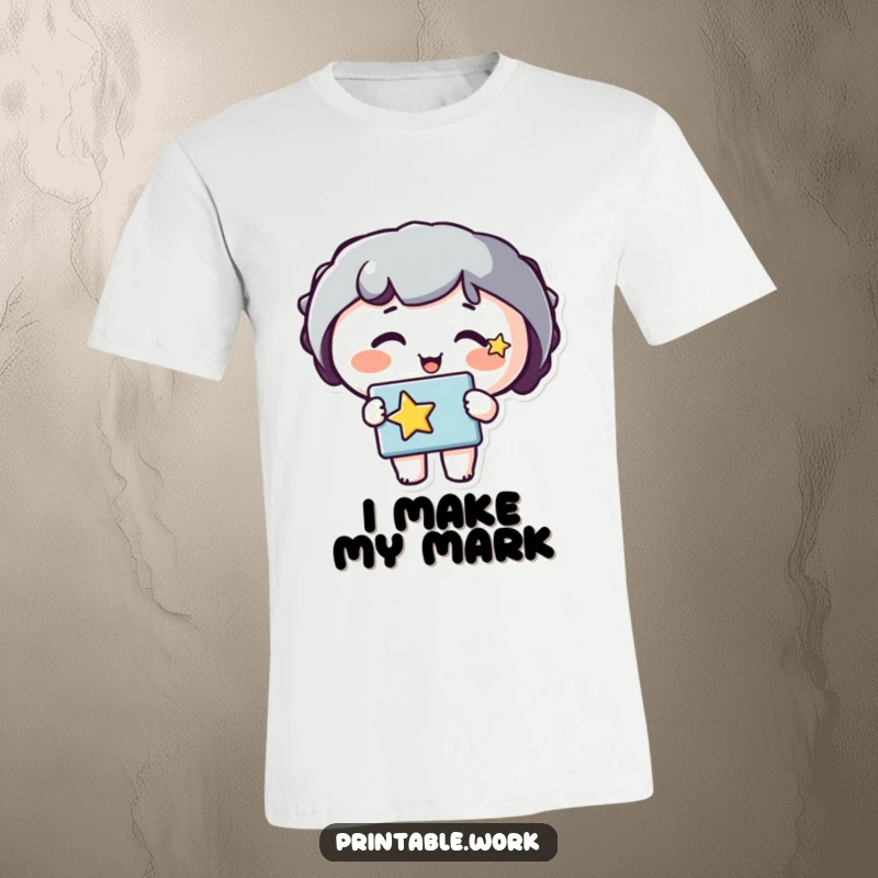 Funny t-shirt with a happy character sporting a star on its cheek, holding a stencil. Celebrates creativity and artistic passion.