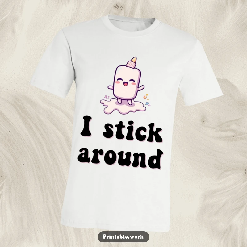 Funny t-shirt featuring a happy glue stick leaving a shiny, gooey trail, perfect for artists and creative expression.