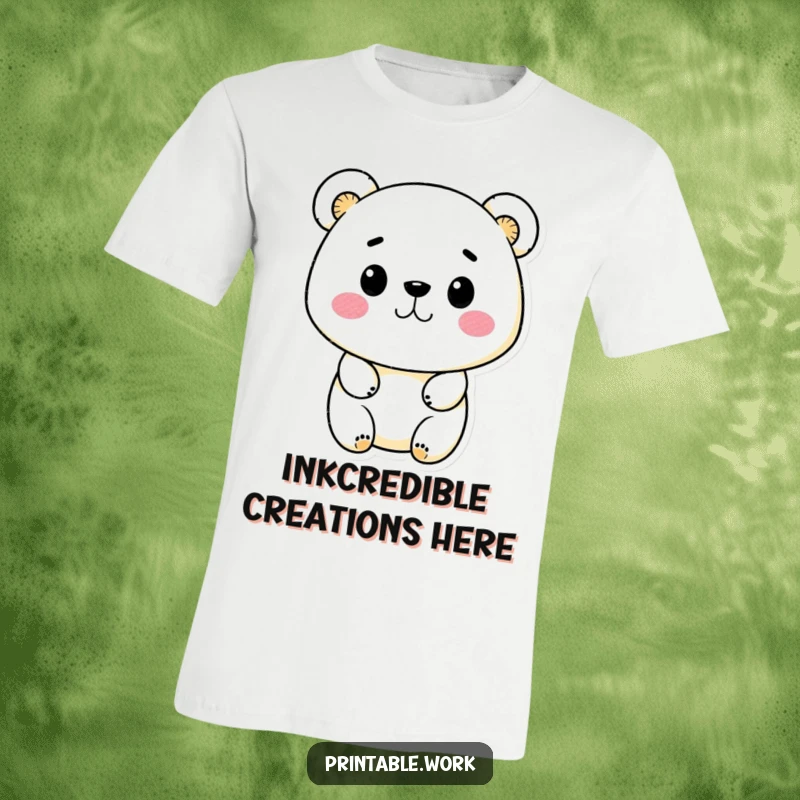 Funny Kawaii bear character making art with ink stamps, wearing a t-shirt that showcases playful creativity and humor.