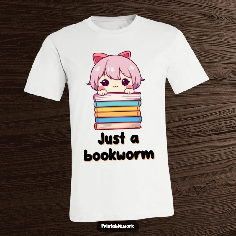 Funny t-shirt showcasing a shy, adorable character peeking from behind a vibrant stack of book pages, highlighting a love for literature.