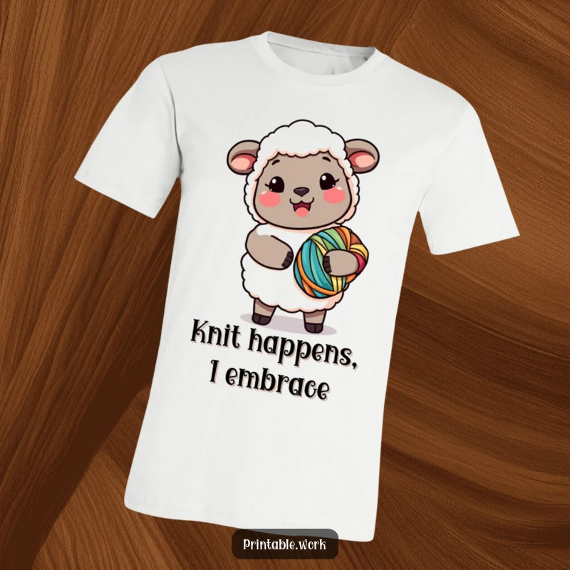 Funny Kawaii Sheep Yarn T-Shirt depicting a joyful sheep holding a large bundle of colorful yarn, ideal for knitters and a funny gift.