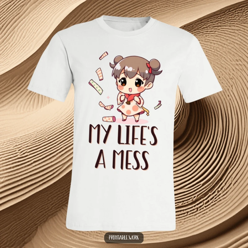 Funny t-shirt showing a character juggling patterned paper rolls, symbolizing creative fun and a sense of humor.