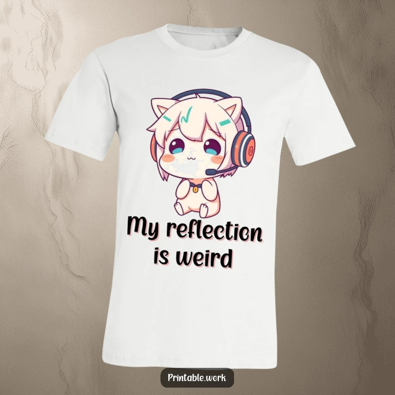 Funny t-shirt design of a character wearing a headset, looking bewildered by its own reflection, perfect for tech enthusiasts.