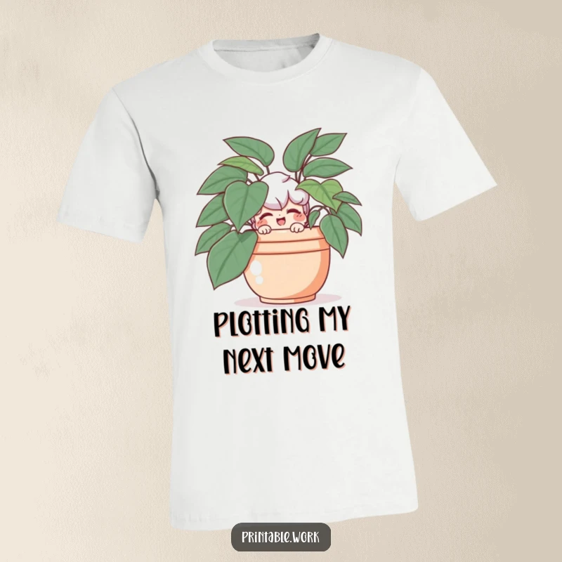 Funny t-shirt featuring a character playfully hiding behind a plant, winking mischievously at the viewer.