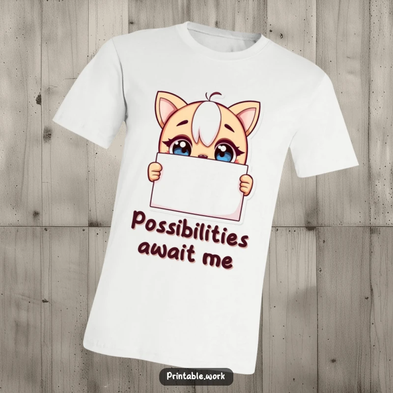 Funny t-shirt depicting a curious character with wide, excited eyes gazing at a blank page, representing endless possibilities.