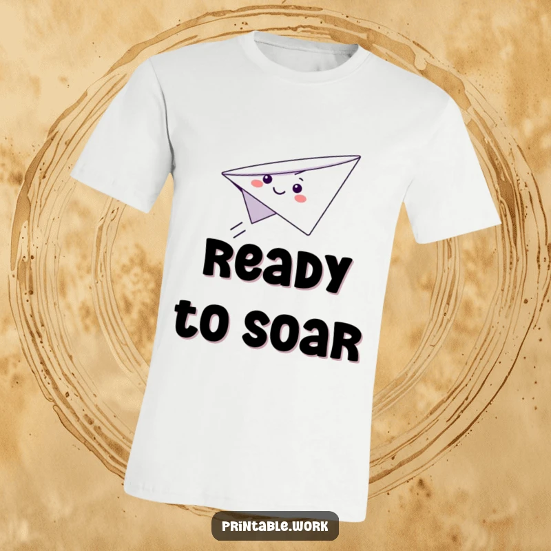 Funny Flying Paper Airplane T-Shirt featuring a cute, smiling paper airplane character soaring through the air with enthusiasm.