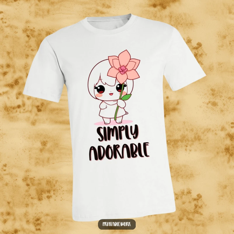 Cute Kawaii t-shirt featuring a proud character proudly presenting a stunning handmade paper flower, symbolizing creativity and gentle happiness.
