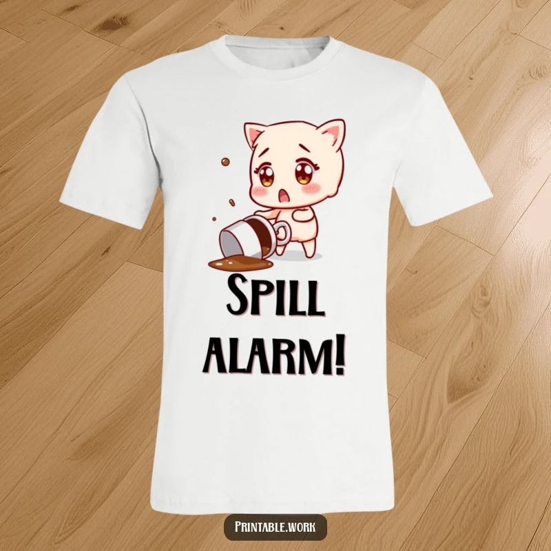 Funny t-shirt design of a character with wide, surprised eyes, attempting to catch a flying, spilled coffee mug, depicting morning chaos.