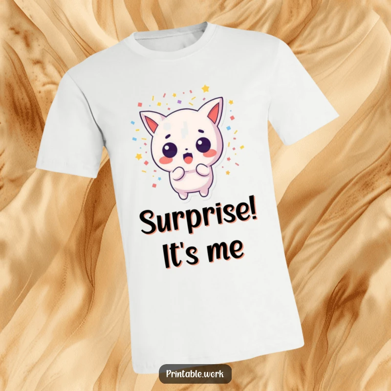 Funny t-shirt depicting a surprised Kawaii character amidst a burst of confetti, perfect for parties and celebrations.