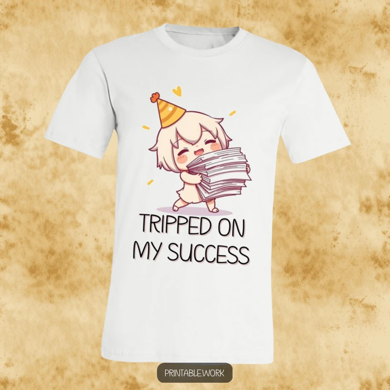 Funny Tripping Character T-Shirt: A cute, hat-wearing character comically tripping while holding many papers, a funny depiction of overload.