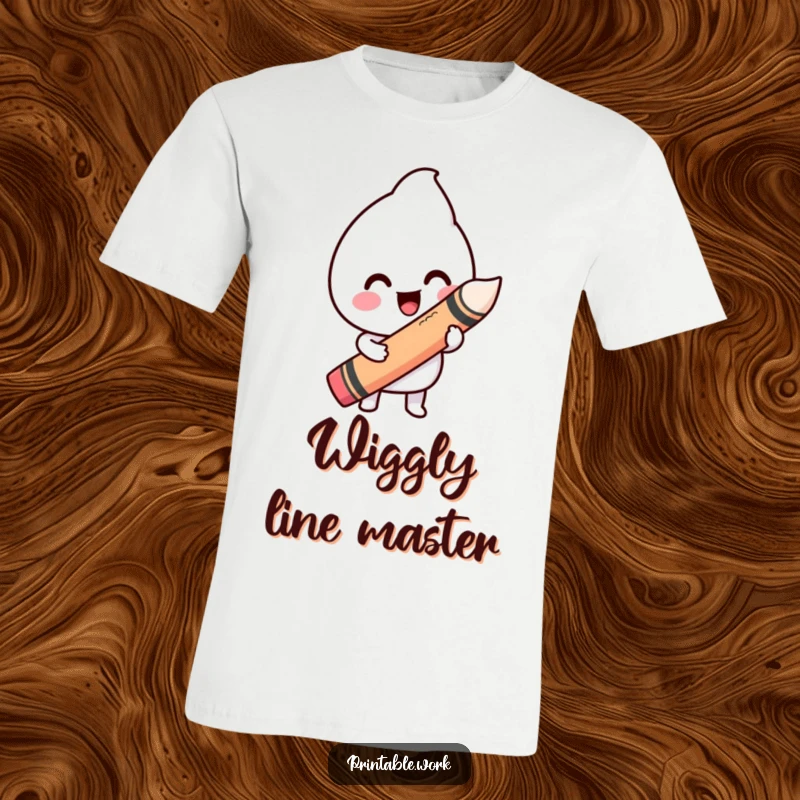 Funny t-shirt depicting a happy Kawaii character using a giant crayon to draw a whimsical wiggly line, embodying artistic fun.