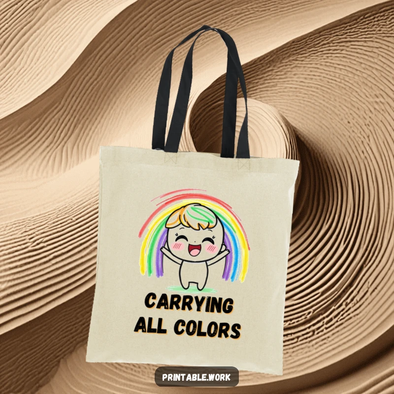 Funny delighted crayon character tote bag, vibrantly drawing a rainbow with colorful strokes, perfect for carrying art supplies.
