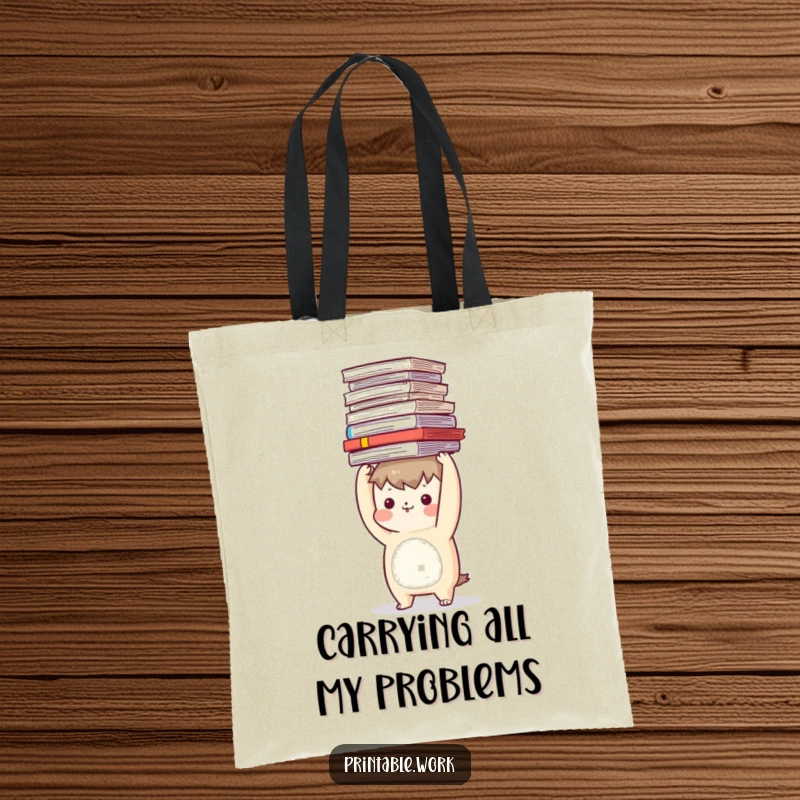 Funny tote bag displaying a character's comical struggle to balance a tower of documents on its head.