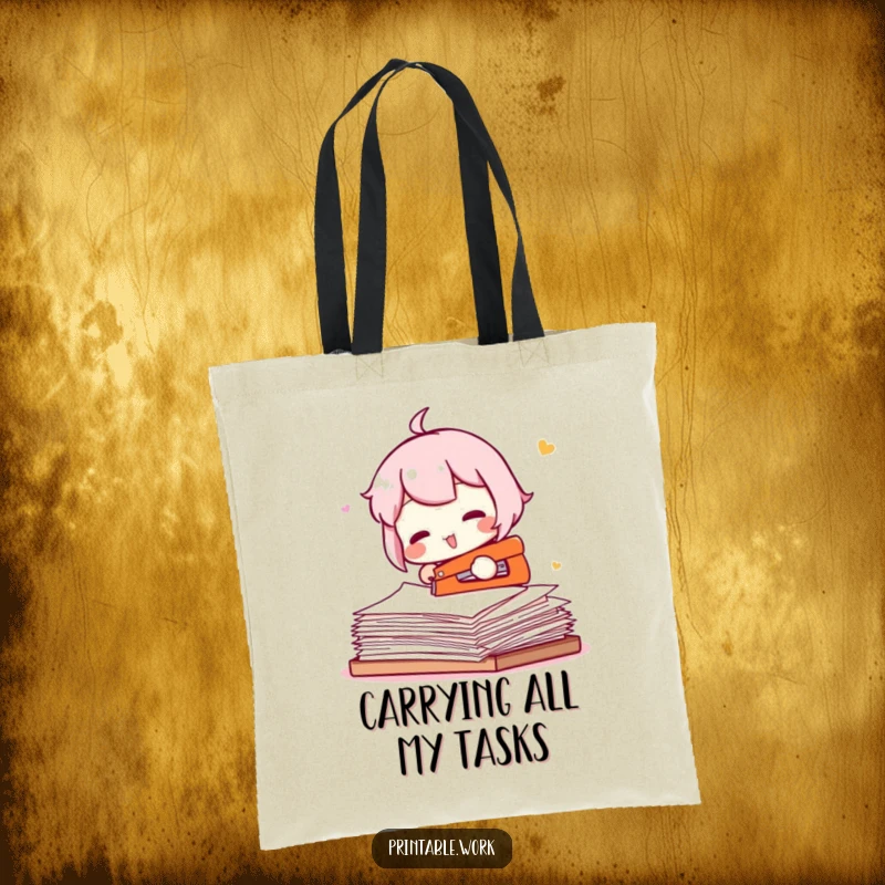 Funny tote bag with a character humorously trying to staple a whole ream of paper, ideal for carrying supplies and laughs.