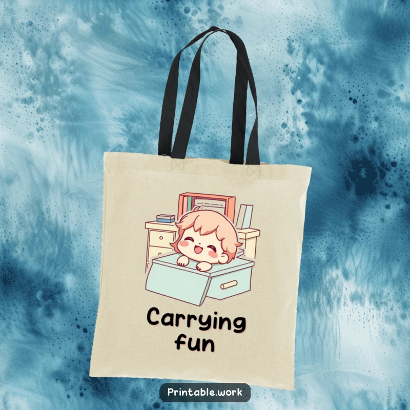 Funny Tote Bag with a character gleefully sliding down a desk with a smile, perfect for carrying everyday items.