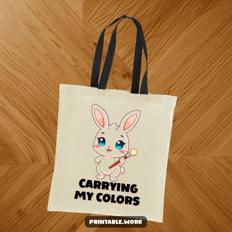 Funny Bunny Artist Tote Bag: A stylish tote featuring a cheerful bunny with bright eyes holding a paintbrush, perfect for carrying art supplies and everyday items.