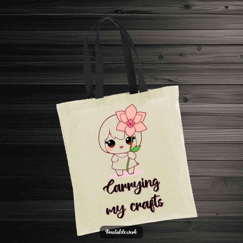 Cute Kawaii tote bag featuring a proud character holding up a beautifully made paper flower, radiating a sense of accomplishment and sweetness.