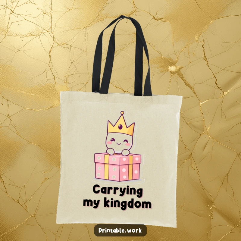 Funny paper crown character with a cheerful expression sitting atop a present, on a tote bag, stylishly carrying essentials.