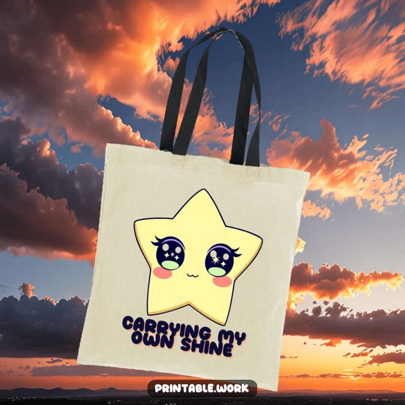 Funny Tote Bag printed with a paper star character, its eyes wide and sparkling brightly, ready for anything. A humorous and functional accessory.