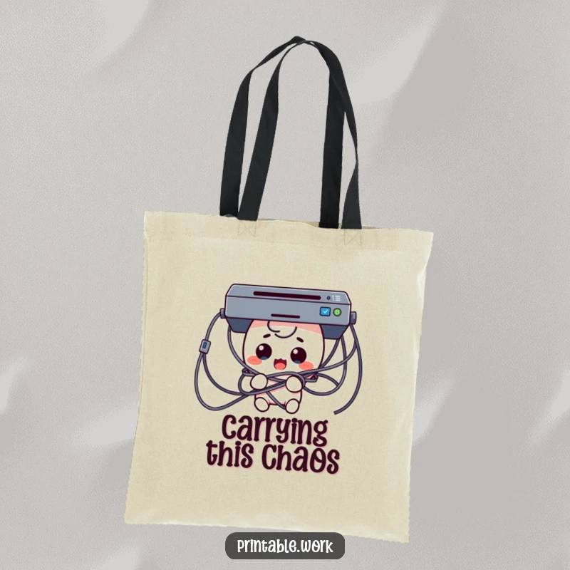 Funny Tech Trouble Tote Bag with a surprised Kawaii character comically tangled in printer cables, a humorous and practical accessory.