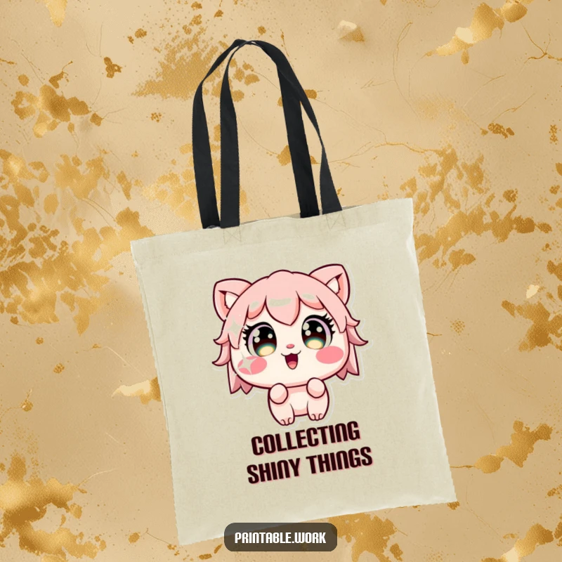 Funny Kawaii character with wide eyes staring at a sparkling sticker on a durable tote bag, perfect for carrying treasures.