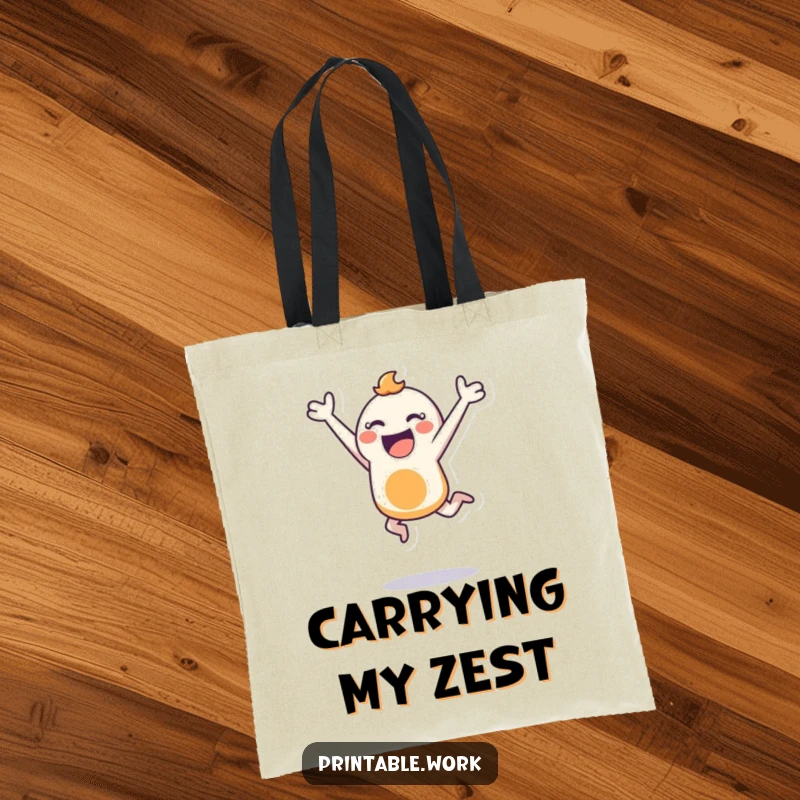 Funny tote bag featuring a bouncing character joyfully leaping with a stencil, ideal for carrying creative supplies and energy.