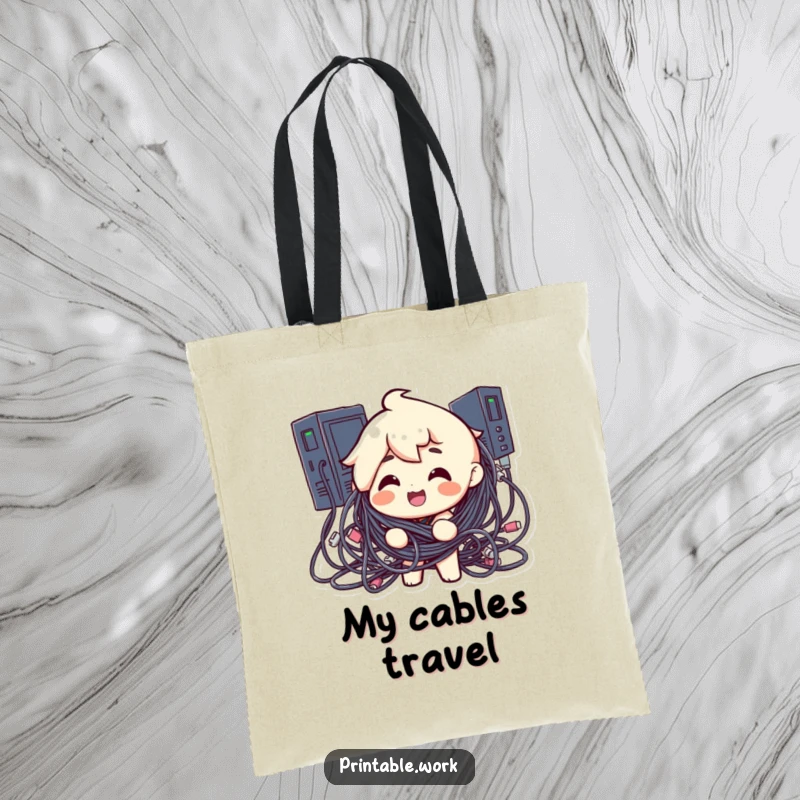 Funny tote bag featuring a cheerful character tangled in a mess of computer cables, a humorous accessory for tech lovers.