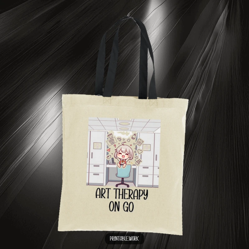 Funny tote bag featuring a character decorating a cubicle with cheerful drawings, perfect for carrying art supplies or groceries.