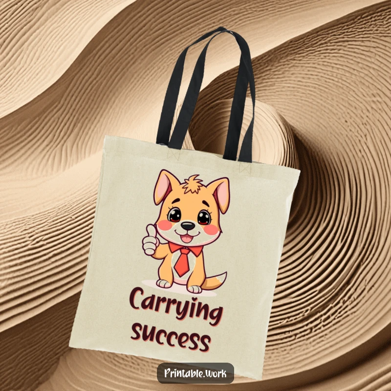 Funny Tote Bag with a dog in a tie, enthusiastically giving a thumbs-up, perfect for carrying essentials with joy.