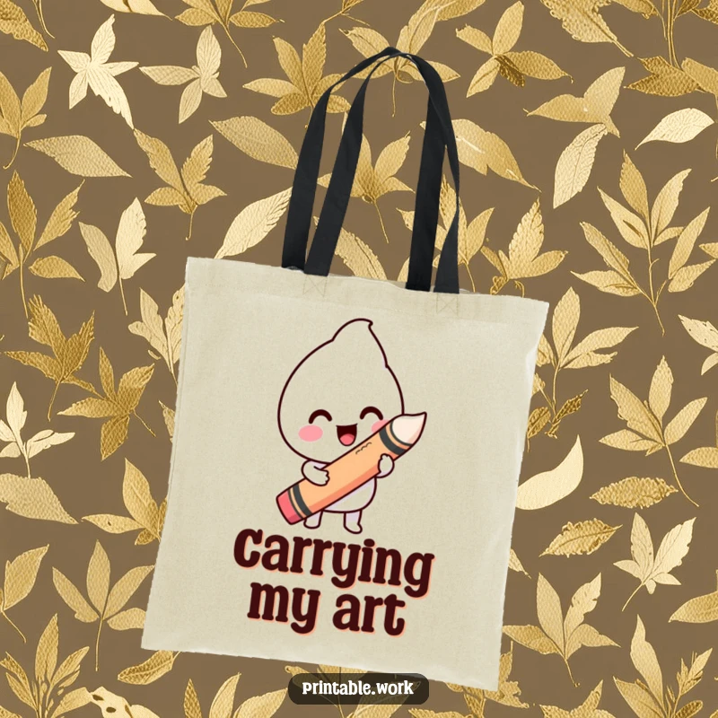 Funny tote bag showing a happy Kawaii character drawing a wiggly line with a giant crayon, perfect for art enthusiasts.