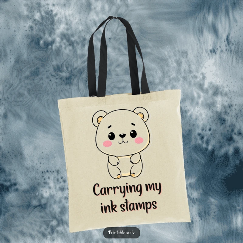 Funny Kawaii bear character using ink stamps on a tote bag, ready to carry art supplies and creative inspiration.